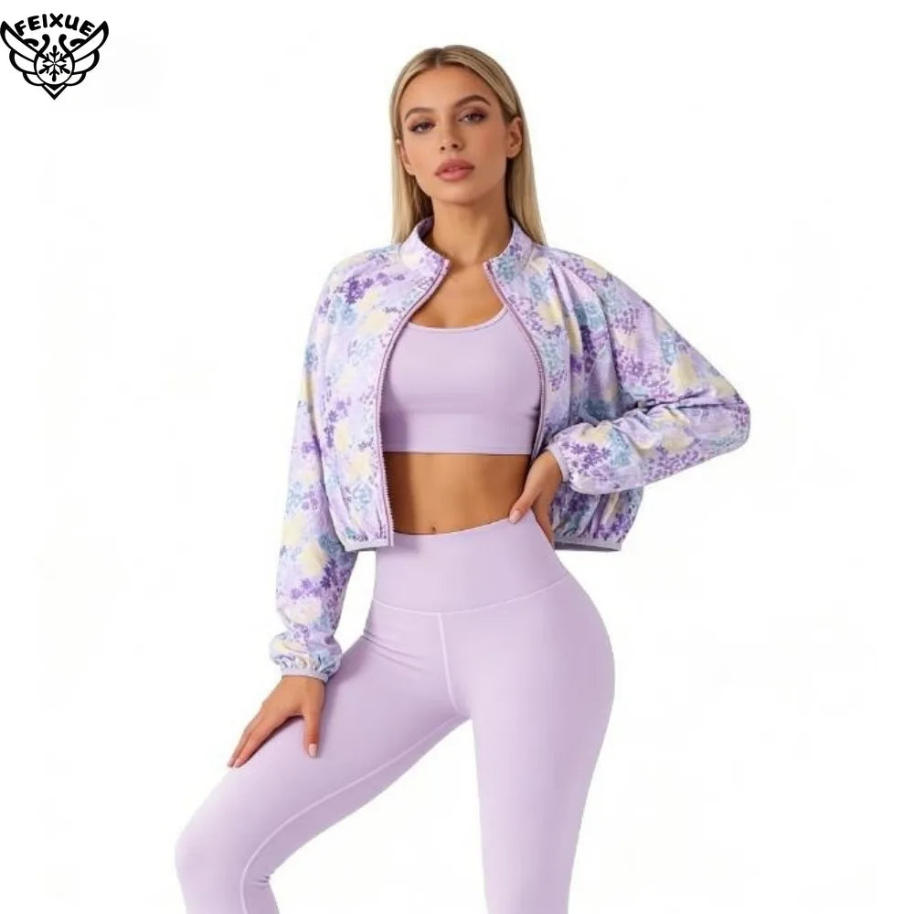 3-Piece Lavender Floral Zip-Up Jacket Set with Sports Bra & Leggings for Yoga Fitness Casual Wear Ropa Deportiva Mujer Gym