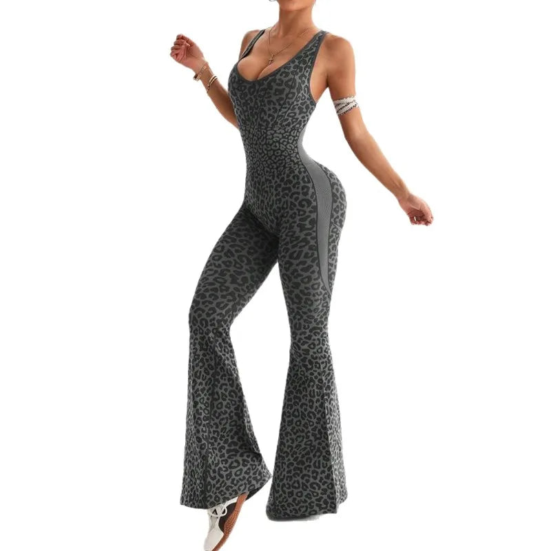 Seamless Leopard Yoga Jumpsuit with Pads Sport Clothes Bodysuit Sleeeless One-Piece Workout Clothes Gym Leggings Sportswear