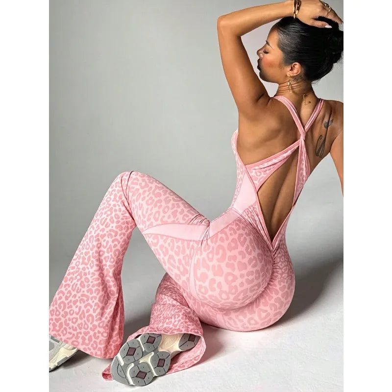Seamless Leopard Yoga Jumpsuit with Pads Sport Clothes Bodysuit Sleeeless One-Piece Workout Clothes Gym Leggings Sportswear