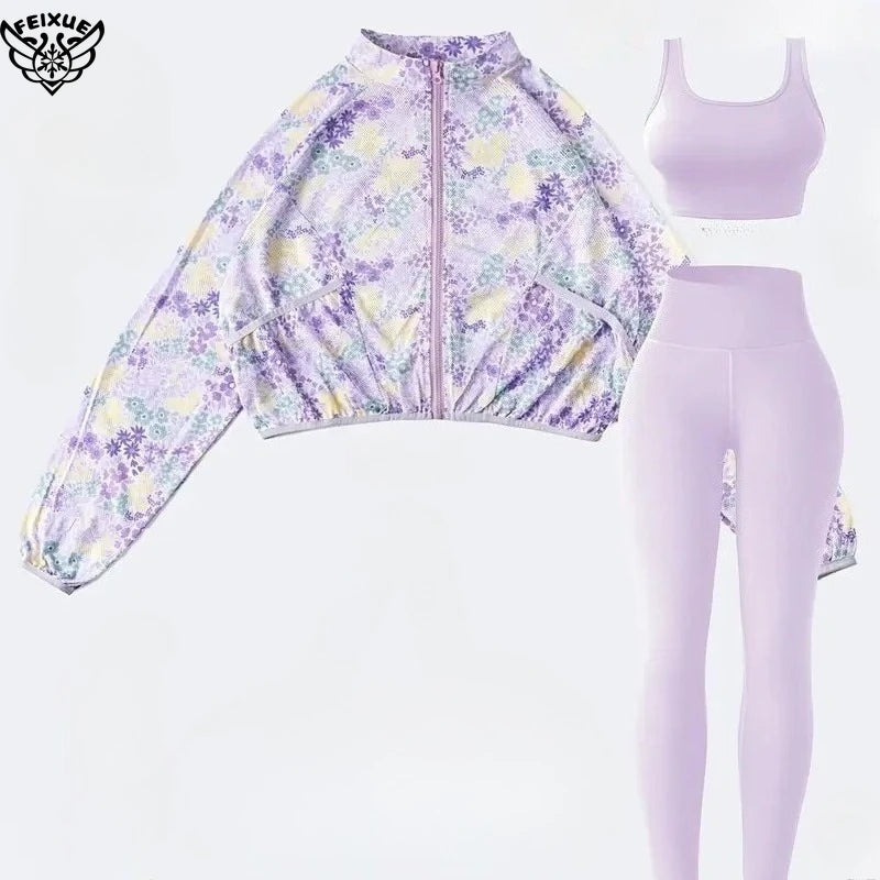3-Piece Lavender Floral Zip-Up Jacket Set with Sports Bra & Leggings for Yoga Fitness Casual Wear Ropa Deportiva Mujer Gym