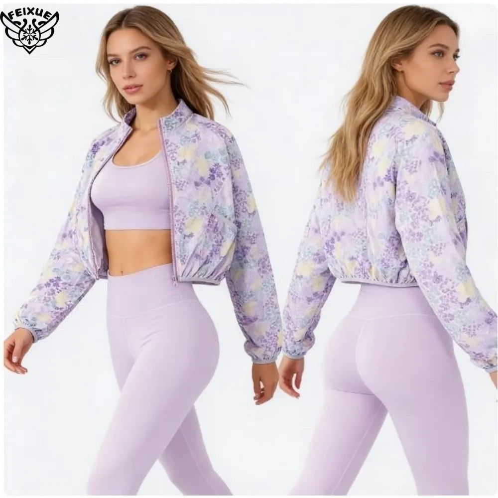 3-Piece Lavender Floral Zip-Up Jacket Set with Sports Bra & Leggings for Yoga Fitness Casual Wear Ropa Deportiva Mujer Gym