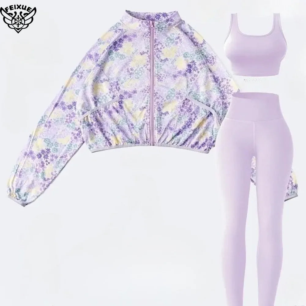3-Piece Lavender Floral Zip-Up Jacket Set with Sports Bra & Leggings for Yoga Fitness Casual Wear Ropa Deportiva Mujer Gym