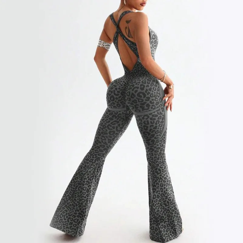 Seamless Leopard Yoga Jumpsuit with Pads Sport Clothes Bodysuit Sleeeless One-Piece Workout Clothes Gym Leggings Sportswear
