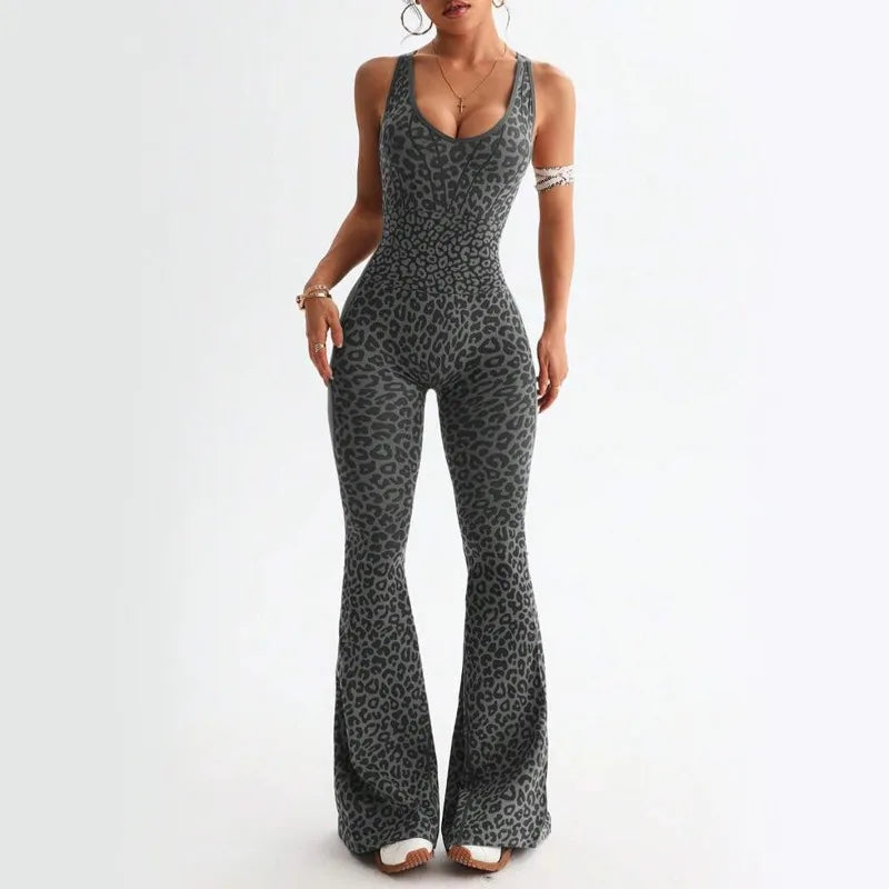 Seamless Leopard Yoga Jumpsuit with Pads Sport Clothes Bodysuit Sleeeless One-Piece Workout Clothes Gym Leggings Sportswear