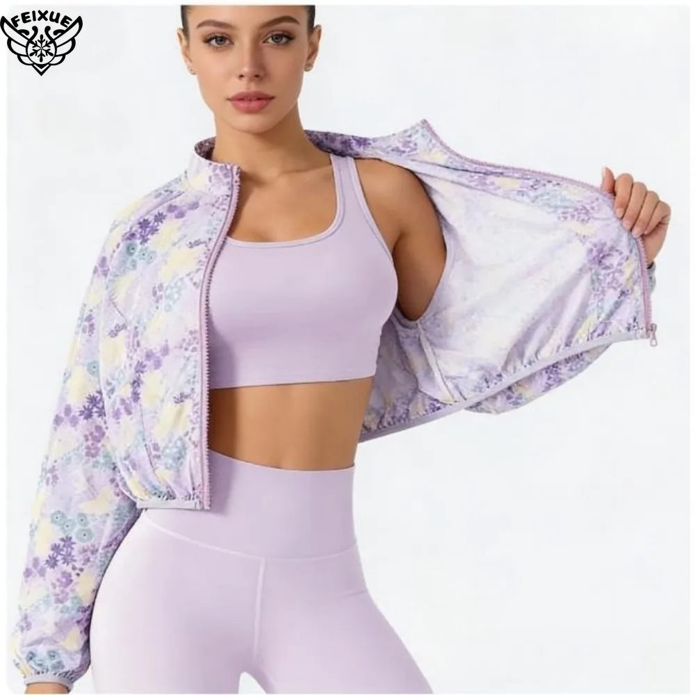 3-Piece Lavender Floral Zip-Up Jacket Set with Sports Bra & Leggings for Yoga Fitness Casual Wear Ropa Deportiva Mujer Gym